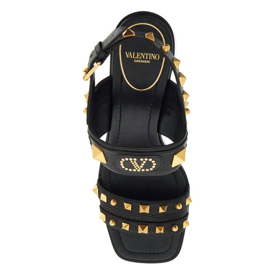 Valentino Garavani black buffalo leather sandals with golden studs and square heel Sandals Valentino Garavani