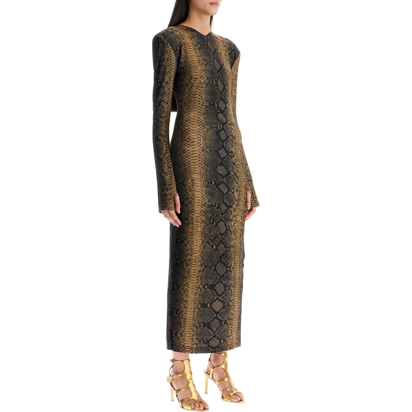 Norma Kamali brown slim fit long python effect dress