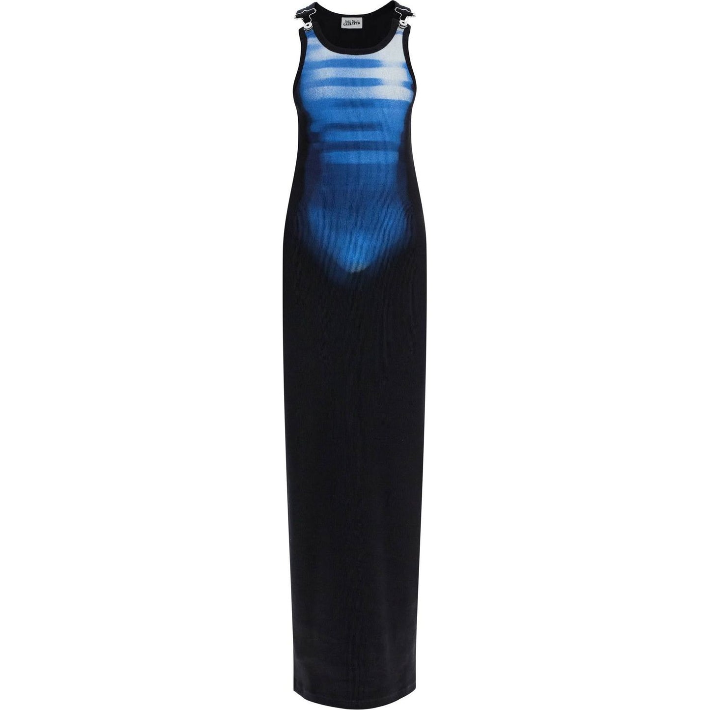 JEAN PAUL GAULTIER long fitted sleeveless dress in black and blue ribbed cotton Dresses JEAN PAUL GAULTIER