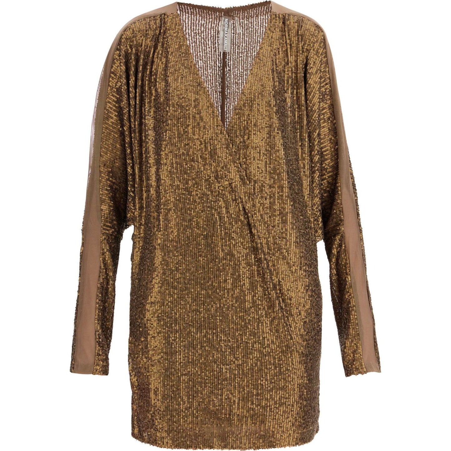 Norma Kamali mini wrap dress with v-neck long sleeves shimmering bronze cocktail