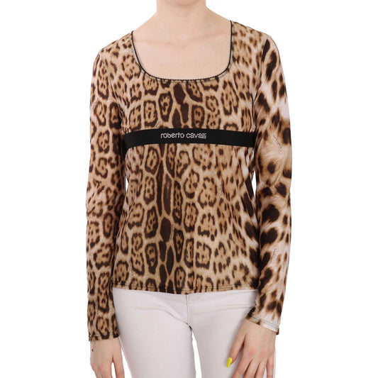 Roberto Cavalli | Brown Round Neck Leopard Women Top Blouse | McRichard Designer Brands