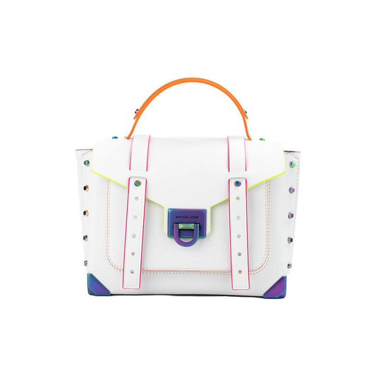 Michael Kors | Manhattan Optic White Contrast Trim Leather Top Handle Satchel Bag | McRichard Designer Brands